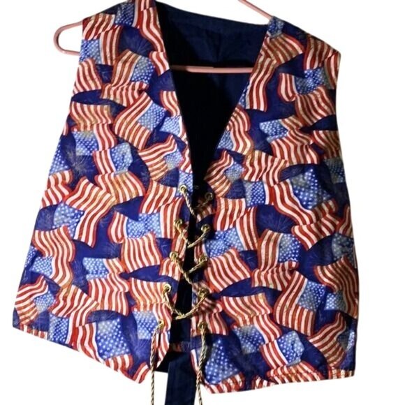 Set Of 2 Patriotic Flag Lace-Up Vests With Red White & Blue Patterns - Picture 2 of 9